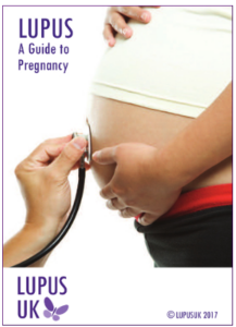 The cover of our current "A Guide to Pregnancy" booklet which has a picture of someone holding a stethoscope to a pregnant stomach.