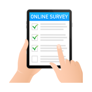 An illustration of someone clicking on an online survey on an iPad