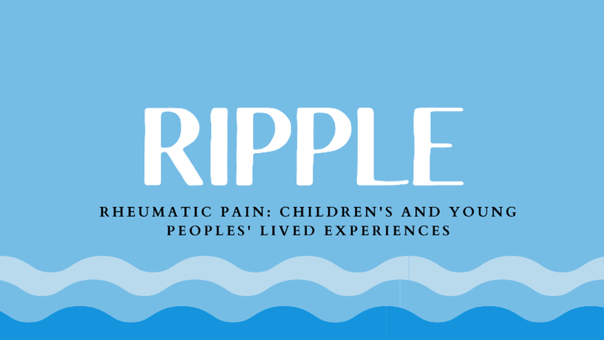 ripple logo. The text is on a blue background with waves at the bottom, and reads "ripple: Rheumatic pain: Children's and young peoples' lived experiences"
