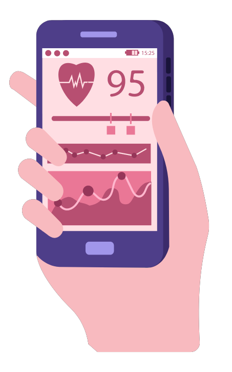 A drawing of a white hand holding a phone, which shows a number of graphs and a heart rate on the screen