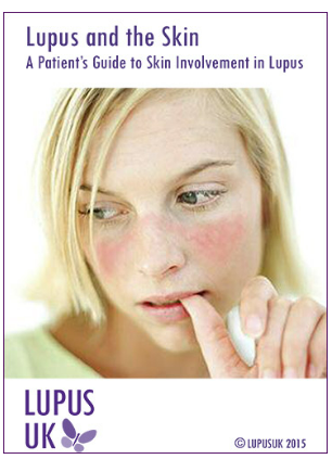 Cover of the current "Lupus and the Skin" booklet, which has a picture of a white woman with a red butterfly rash