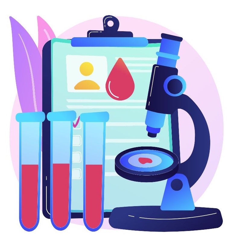 An illustration of a microscope examining a drop of blood, with a clipboard and other vials of blood nearby